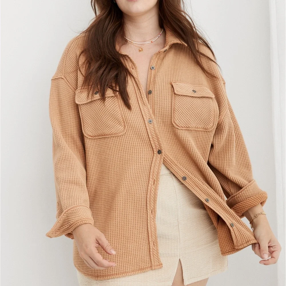 Aerie Women’s LumberJane Waffle Shirt Longsleeve Oversized Cappuccino Size L